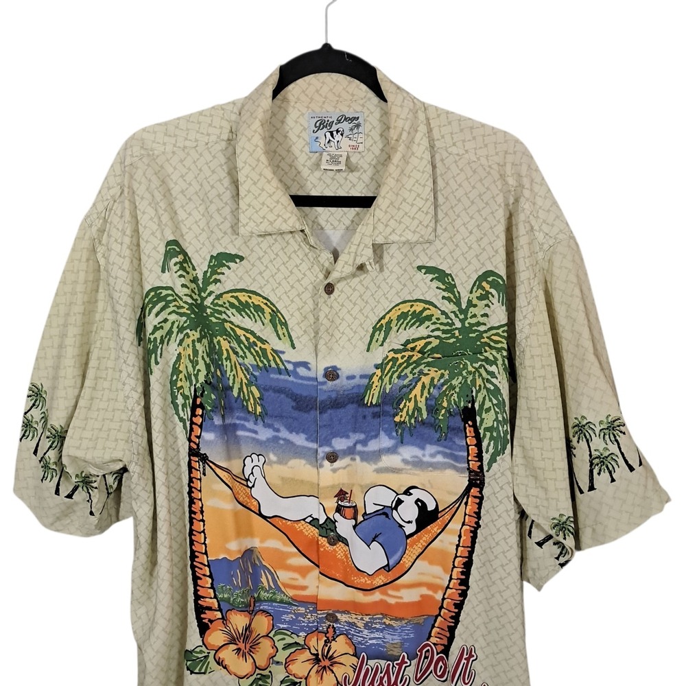 VTG 90s Big Dogs Hawaiian Camp Shirt XL Button Up Baggy Resortwear Travel Beach - Picture 3 of 10